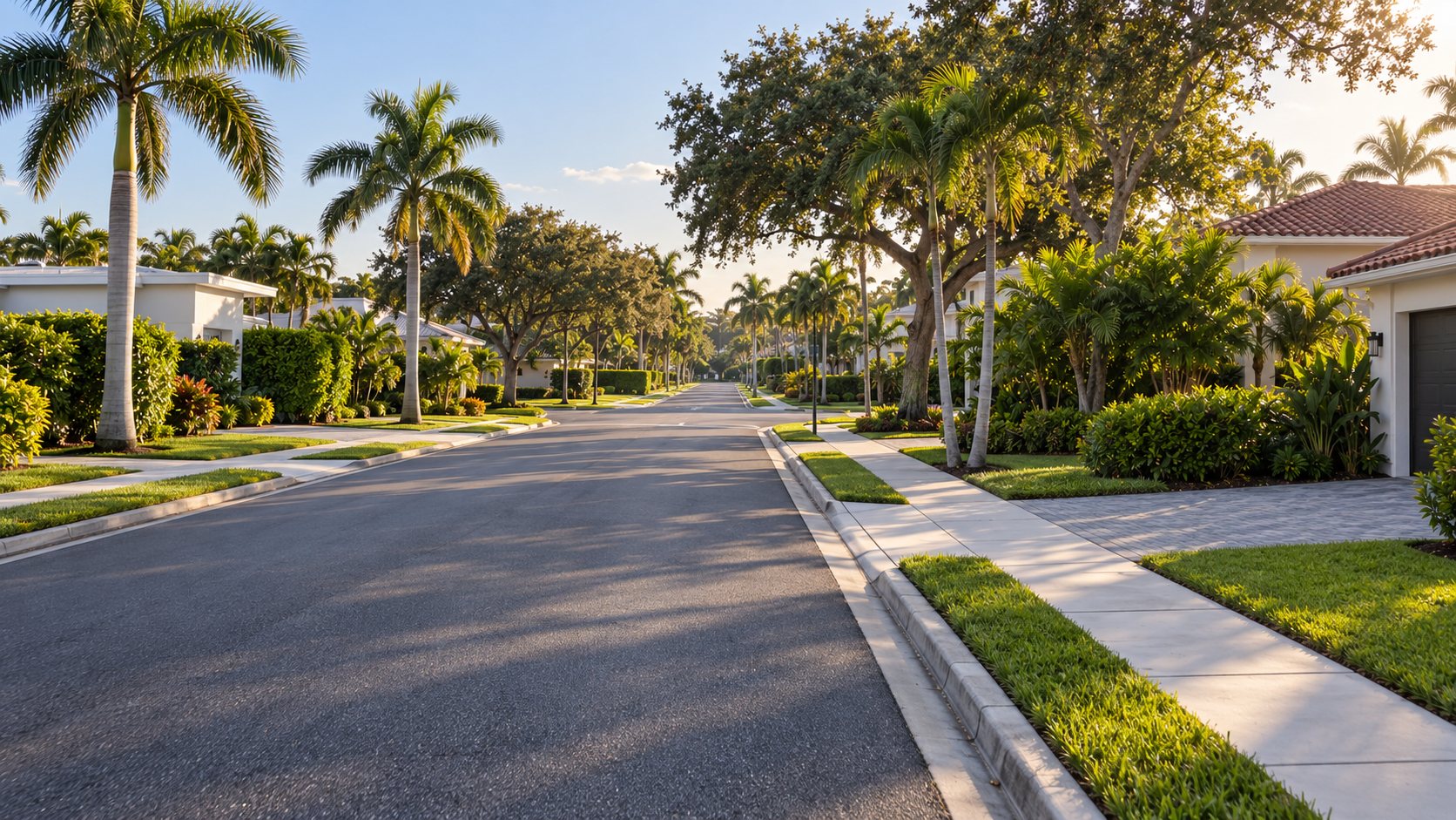 Ground-level view of a residential street with sidewalks, curbs and driveways at golden hour