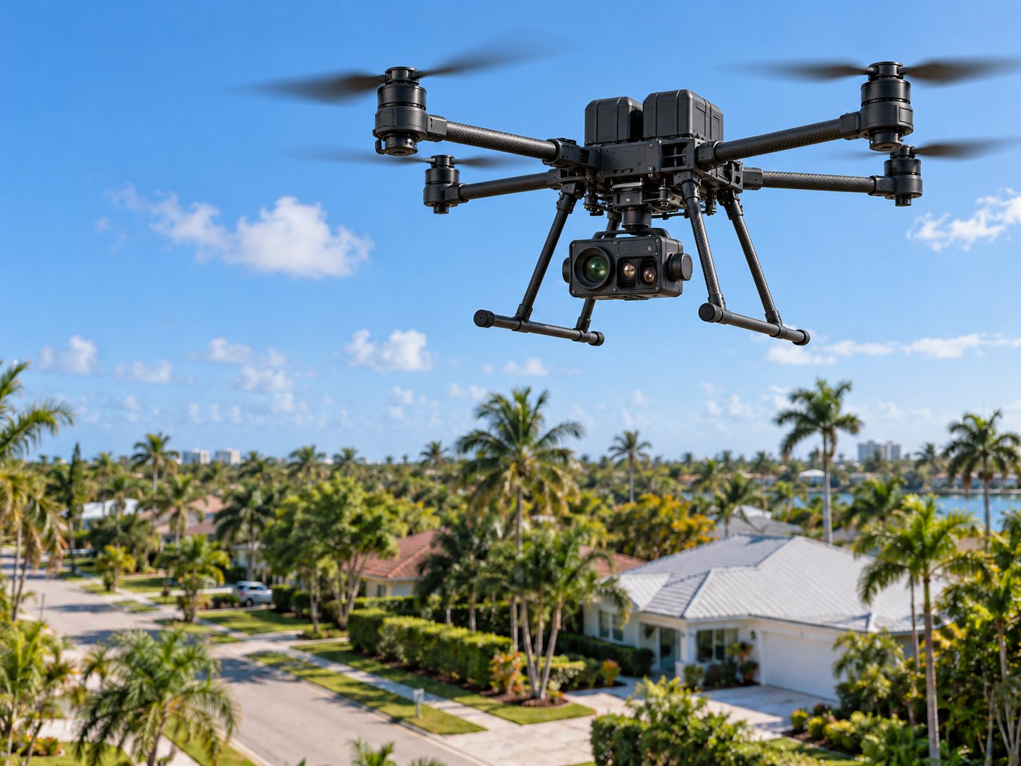 Aerial and ground capture crews documenting a residential street
